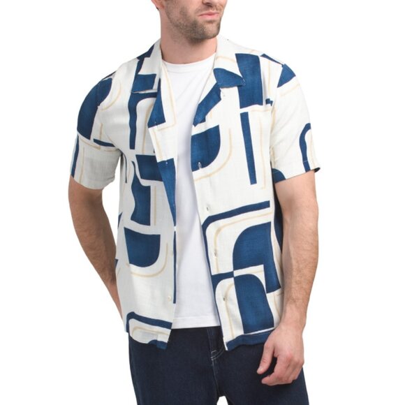 JASON WU Mykonos Linen Blend Short Sleeve Button Down Printed Shirt - Picture 1 of 2